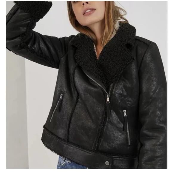 Marrakech Marissa Sherpa-lined BLACK Faux Leather Moto Jacket Size Large - Picture 1 of 11